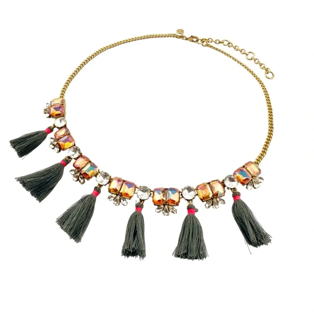 J. Crew Gold Necklace with Peach Rhinestones and Gray Tassels
